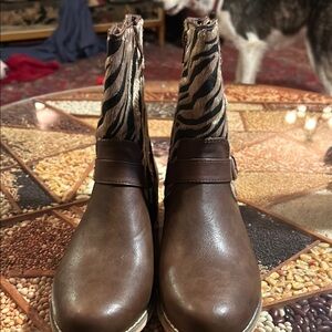 Brown Leather Ankle Boots with Zebra Print